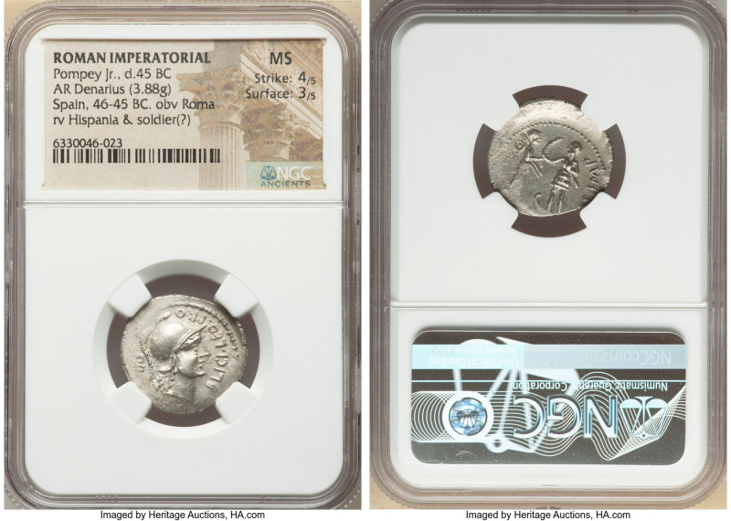 Cnaeus Pompeius Junior (46-45 BC). AR denarius (21mm, 3.88 gm, 7h). NGC MS 4/5 -...