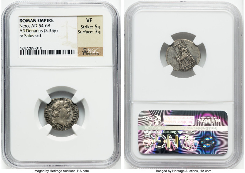 Nero, as Augustus (AD 54-68). AR denarius (17mm, 3.35 gm, 5h). NGC VF 5/5 - 3/5....