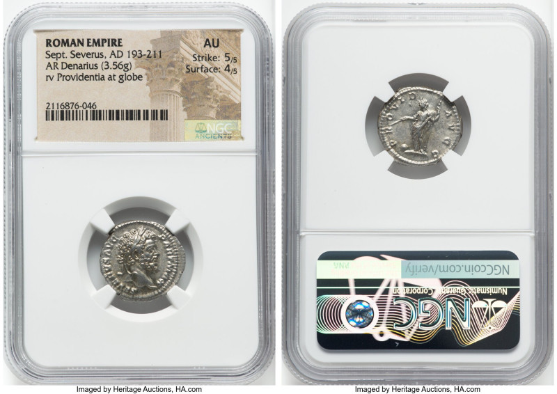 Septimius Severus (AD 193-211). AR denarius (19mm, 3.56 gm, 6h). NGC AU 5/5 - 4/...