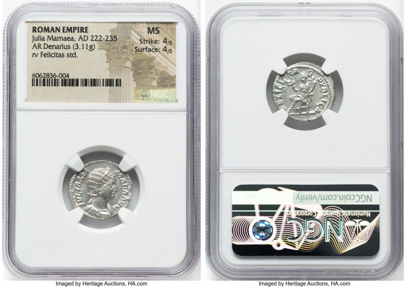 Julia Mamaea (AD 222-235). AR denarius (19mm, 3.11 gm, 6h). NGC MS 4/5 - 4/5. Ro...