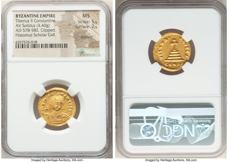 Tiberius II Constantine (AD 578-582). AV solidus (21mm, 4.40 gm, 6h). NGC MS 5/5...