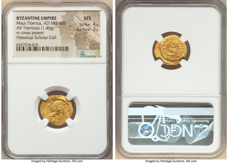 Maurice Tiberius (AD 582-602). AV tremissis (17mm, 1.46 gm, 6h). NGC MS 4/5 - 3/...