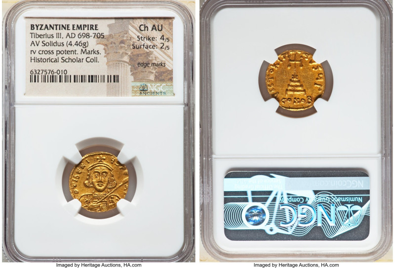 Tiberius III Apsimar (AD 698-705). AV solidus (19mm, 4.46 gm, 6h). NGC Choice AU...