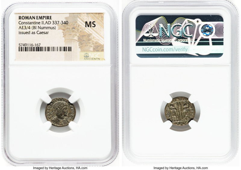 ANCIENT LOTS. Roman Imperial. Lot of five (5) AE3/4 or BI nummi. NGC MS, Silveri...