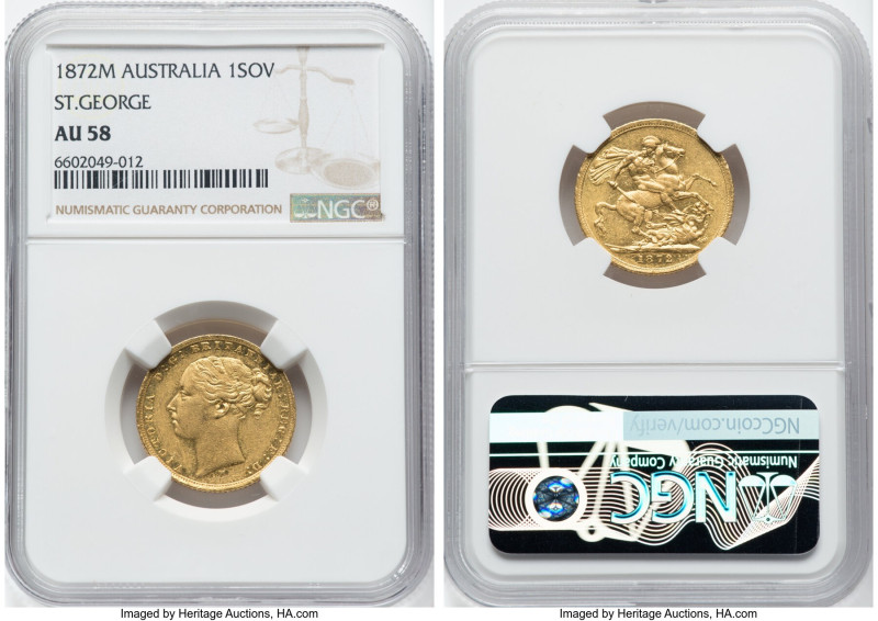 Victoria gold "St. George" Sovereign 1872-M AU58 NGC, Melbourne mint, KM7, S-385...