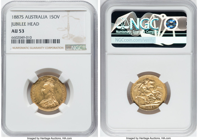 Victoria gold "Jubilee Head" Sovereign 1887-S AU53 NGC, Sydney mint, KM10. From ...