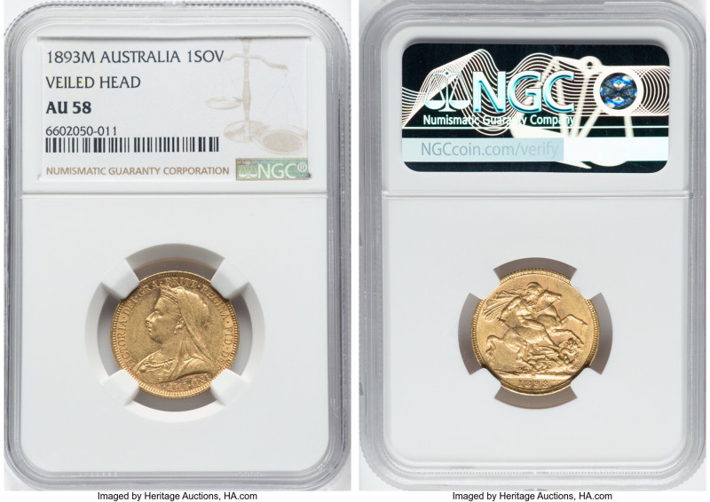 Victoria gold "Veiled Head" Sovereign 1893-M AU58 NGC, Melbourne mint, KM13, S-3...