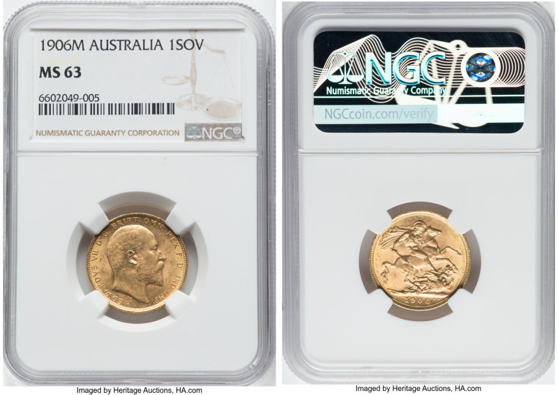 Edward VII gold Sovereign 1906-M MS63 NGC, Melbourne mint, KM15, Fr-33. From the...