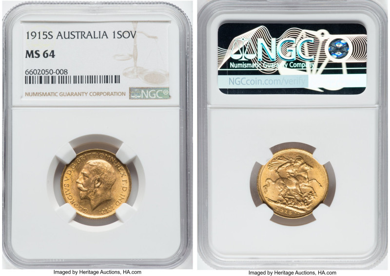 George V gold Sovereign 1915-S MS64 NGC, Sydney mint, KM29, Fr-38. From the Mac ...