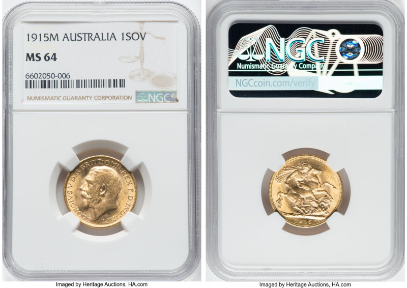 George V gold Sovereign 1915-M MS64 NGC, Melbourne mint, KM29, Fr-39. From the M...