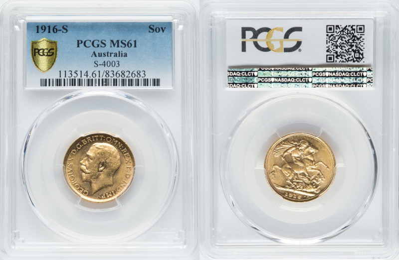 George V gold Sovereign 1916-S MS61 PCGS, Sydney mint, KM29, Fr-38, S-4003. HID0...