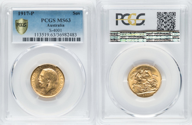 George V gold Sovereign 1917-P MS63 PCGS, Perth mint, KM29, S-4001, Fr-40. HID09...