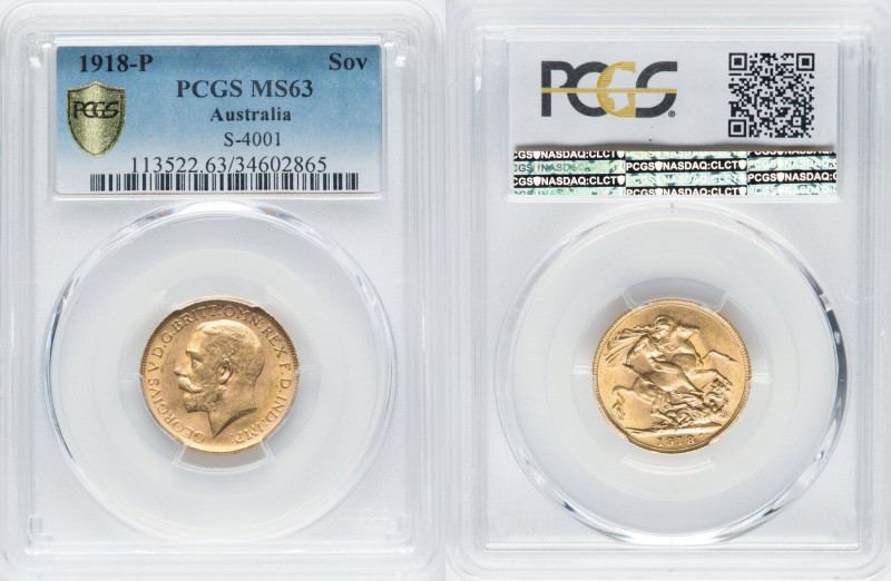 George V gold Sovereign 1918-P MS63 PCGS, Perth mint, KM29, S-4001, Fr-40. HID09...