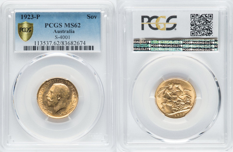 George V gold Sovereign 1923-P MS62 PCGS, Perth mint, KM29, Fr-40, S-4001. HID09...