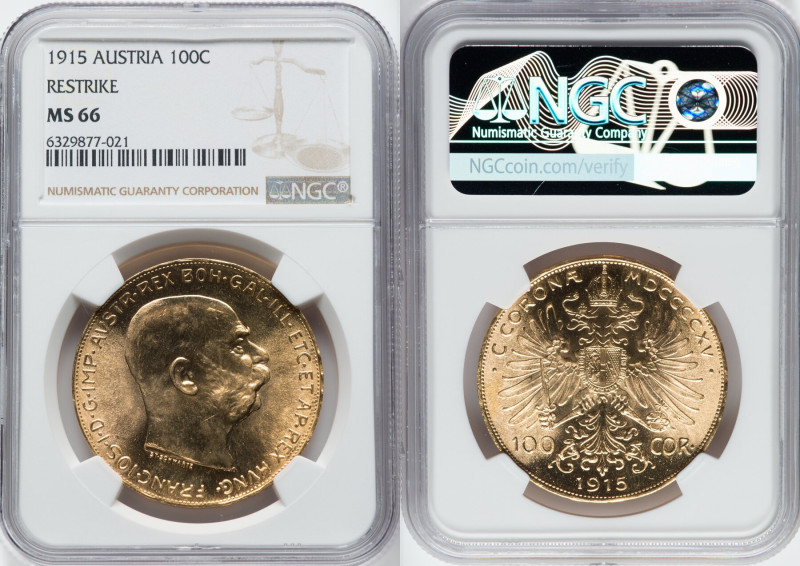 Franz Joseph I gold Restrike 100 Corona 1915 MS66 NGC, Vienna mint, KM2819, Fr-5...