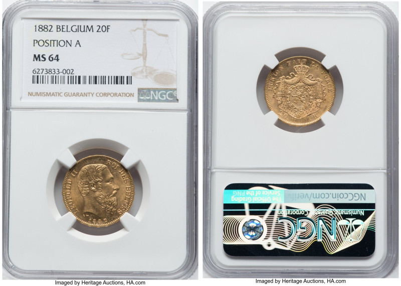 Leopold II gold 20 Francs 1882 MS64 NGC, Brussels mint, KM37, Fr-410. Position A...