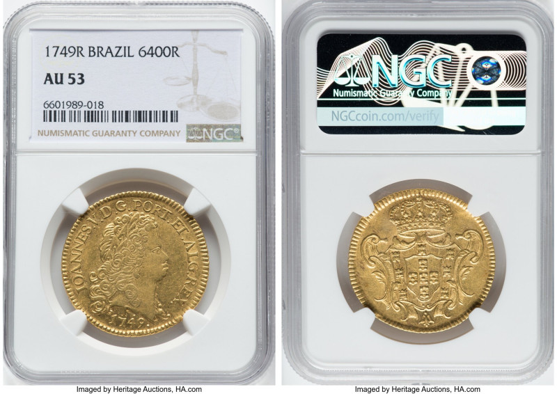 João V gold 6400 Reis (Peça) 1749-R AU53 NGC, Rio de Janeiro mint, KM149, LMB-22...