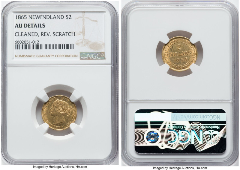 Newfoundland. Victoria gold 2 Dollars 1865 AU Details (Cleaned, Reverse Scratch)...