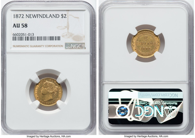 Newfoundland. Victoria gold 2 Dollars 1872 AU58 NGC, London mint, KM5, Fr-1. Min...