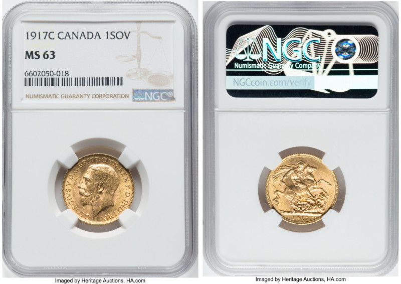 George V gold Sovereign 1917-C MS63 NGC, Ottawa mint, KM20, S-3997. From the Mac...