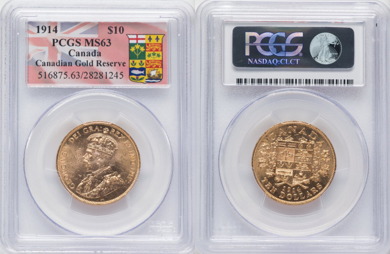 George V gold 10 Dollars 1914 MS63 PCGS, Ottawa mint, KM27, Fr-3. Canadian gold ...