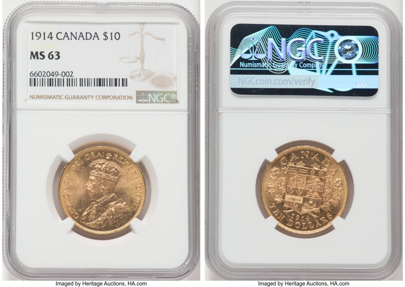 George V gold 10 Dollars 1914 MS63 NGC, Ottawa mint, KM27, Fr-3. From the Mac an...