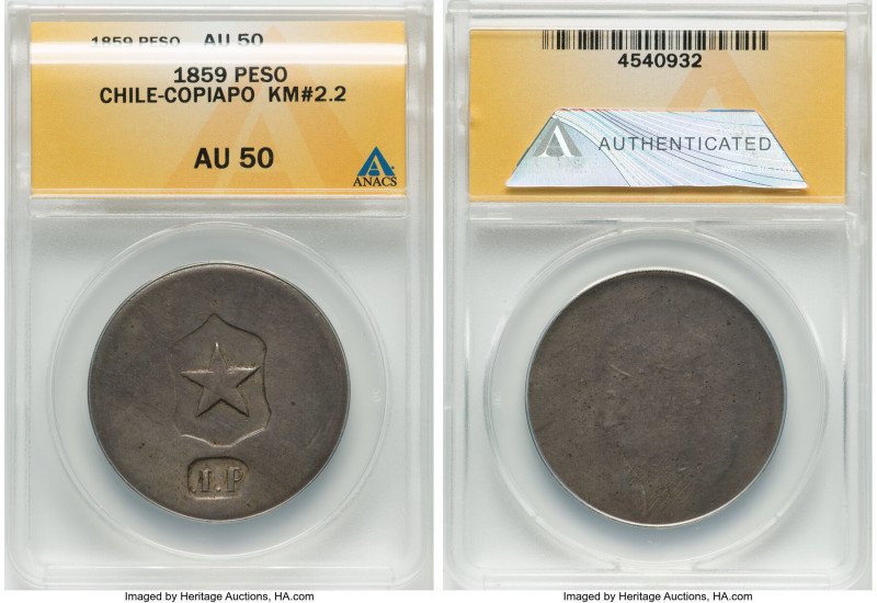 Copiapo. Republic Peso ND (1859) AU50 ANACS, KM-X2.3. Struck during the Chilean ...