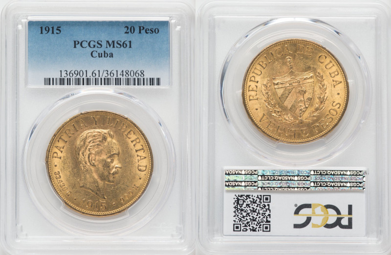 Republic gold 20 Pesos 1915 MS61 PCGS, Philadelphia mint, KM21, Fr-1. HID0980124...