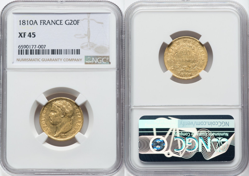 Napoleon gold 20 Francs 1810-A XF45 NGC, Paris mint, KM695.1, Gad-1025. HID09801...