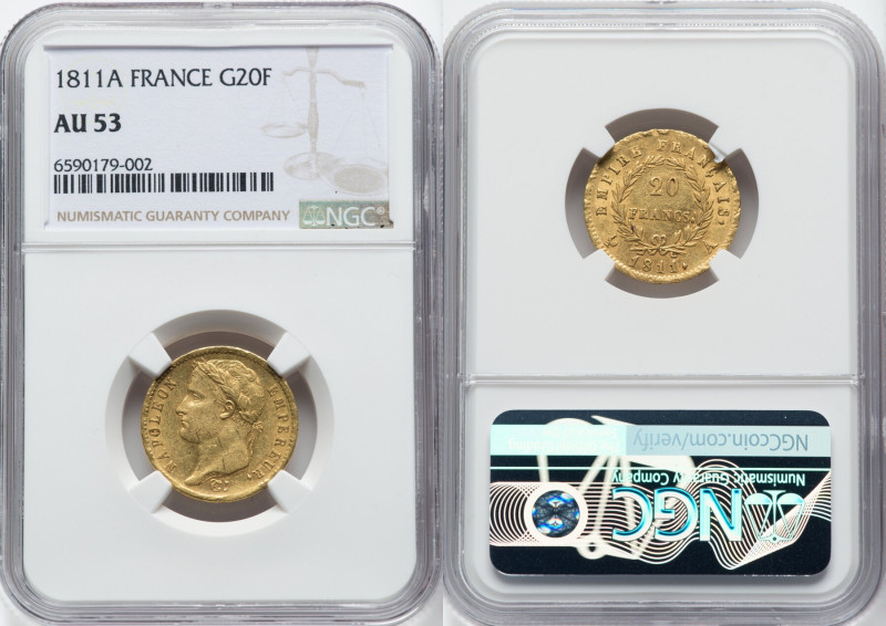 Napoleon gold 20 Francs 1811-A AU53 NGC, Paris mint, KM695.1, Fr-516, Gad-1025. ...