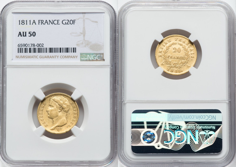 Napoleon gold 20 Francs 1811-A AU50 NGC, Paris mint, KM695.1, Fr-516, Gad-1025. ...