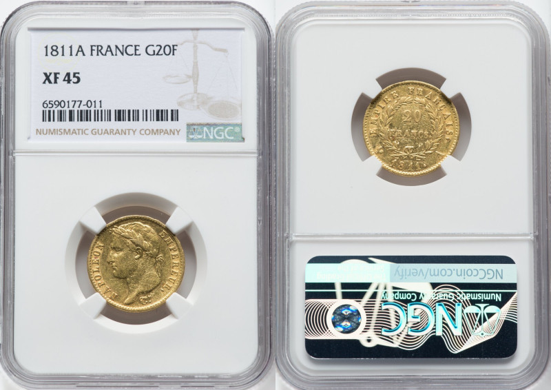 Napoleon gold 20 Francs 1811-A XF45 NGC, Paris mint, KM695.1, Fr-516, Gad-1025. ...