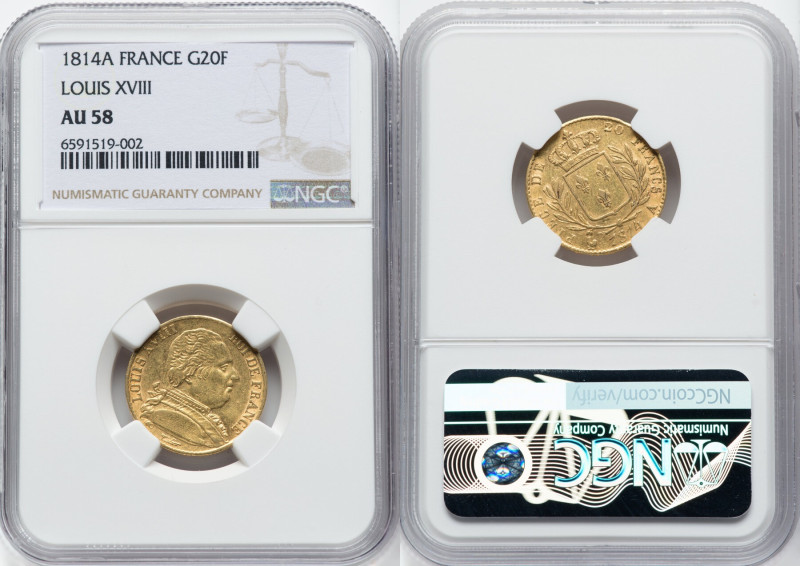 Louis XVIII gold 20 Francs 1814-A AU58 NGC, Paris mint, KM706.1, Fr-525. HID0980...