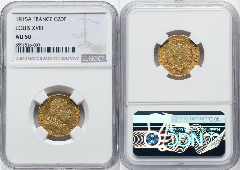 Louis XVIII gold 20 Francs 1815-A AU50 NGC, Paris mint, KM706.1, Fr-525. HID0980...