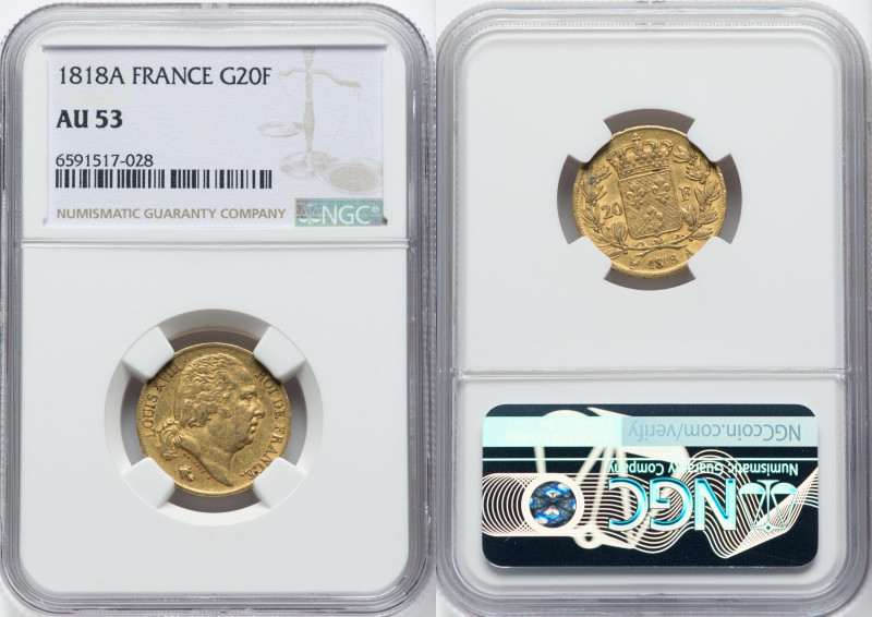 Louis XVIII gold 20 Francs 1818-A AU53 NGC, Paris mint, KM712.1, Fr-538. HID0980...