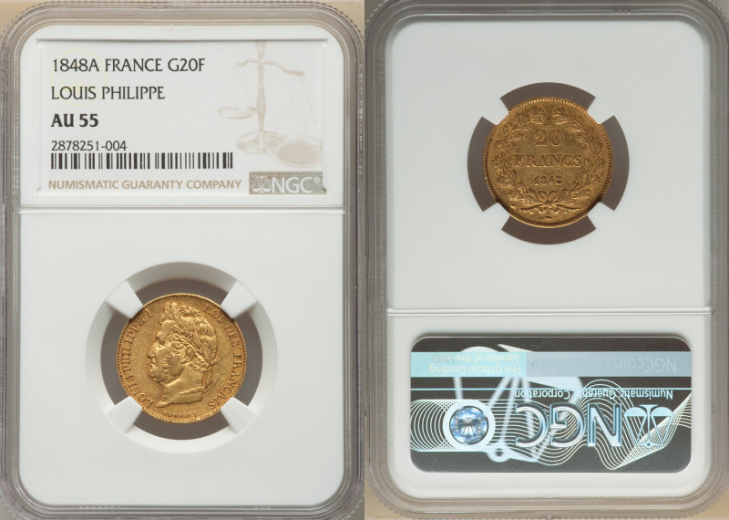 Louis Philippe I gold 20 Francs 1848-A AU55 NGC, Paris mint, KM750.1, Fr-560. HI...