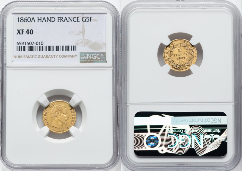 Napoleon III gold 5 Francs 1860-A XF40 NGC, Paris mint, KM787.1, Fr-578a. HID098...