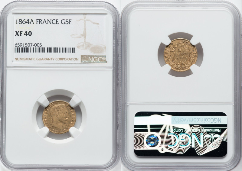 Napoleon III gold 5 Francs 1864-A XF40 NGC, Paris mint, KM803.1, Fr-588. HID0980...