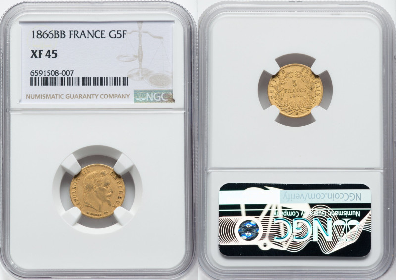 Napoleon III gold 5 Francs 1866-BB XF45 NGC, Strasbourg mint, KM803.2, Fr-588. H...