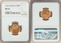 Republic gold "Bazor" 100 Francs 1935 MS63 NGC, Paris mint, KM880, Gad-1148. HID09801242017 © 2022 Heritage Auctions | All Rights Reserved