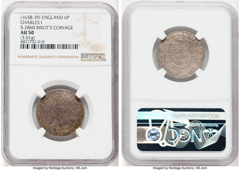 Charles I 6 Pence ND (1638-1639) AU50 NGC, Tower mint, Anchor mm, KM180, S-2860....