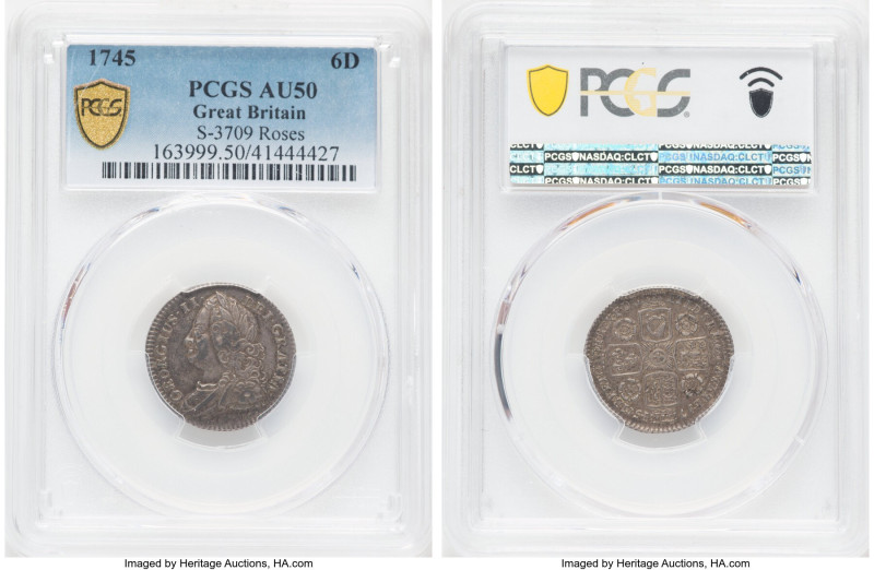 George II 6 Pence 1745 AU50 PCGS, KM582.1, S-3709. Roses in angles between shiel...