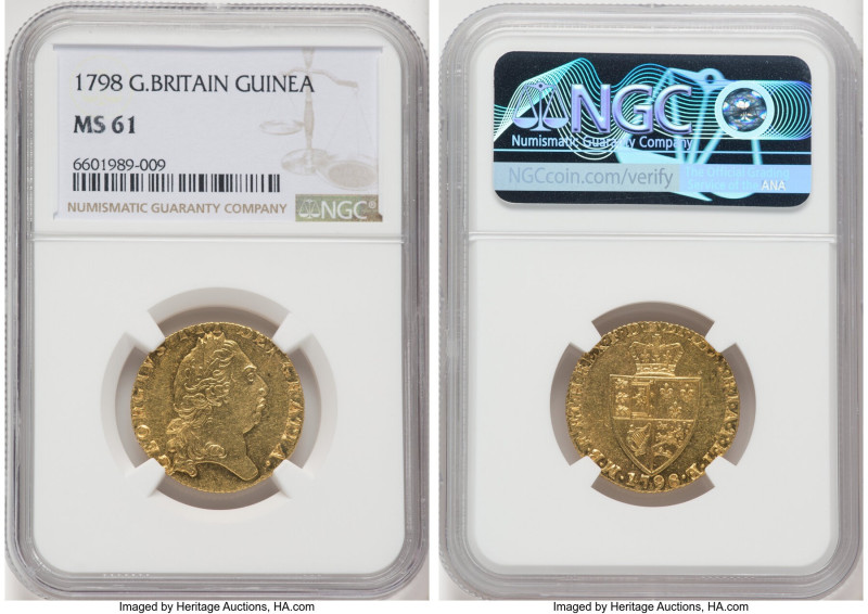 George III gold Guinea 1798 MS61 NGC, KM609, S-3729. Lustrous and choice. From t...