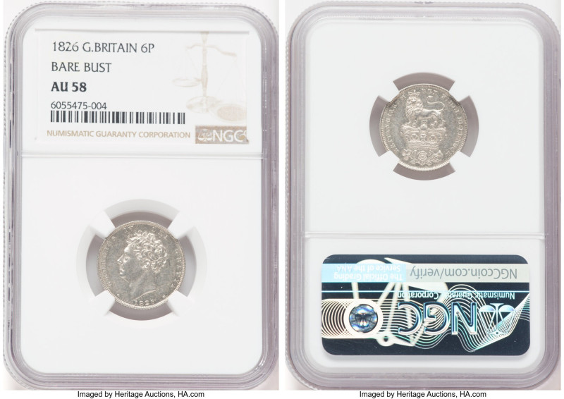 George IV 6 Pence 1826 AU58 NGC, KM698, S-3815. Bare bust type. HID09801242017 ©...