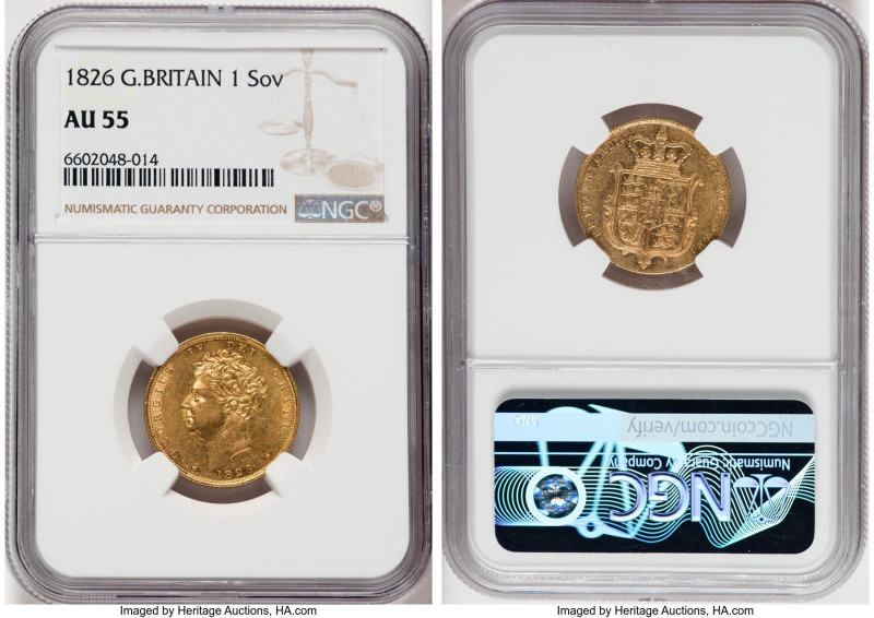 George IV gold Sovereign 1826 AU55 NGC, KM696, S-3801. From the Mac and Rob Wood...