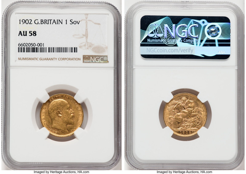 Edward VII gold Sovereign 1902 AU58 NGC, KM805, Fr-400. From the Mac and Rob Woo...