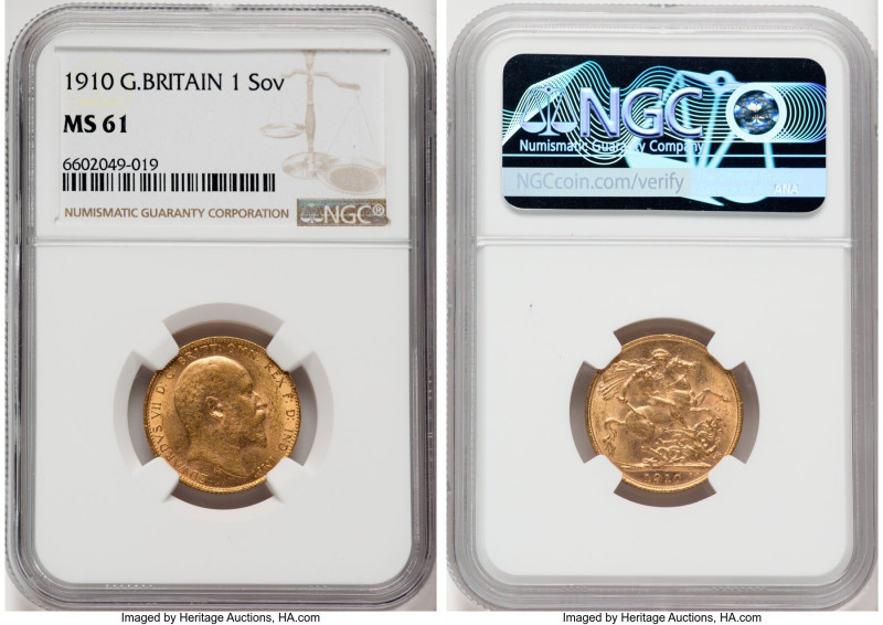 Edward VII gold Sovereign 1910 MS61 NGC, KM805, Fr-400. From the Mac and Rob Woo...