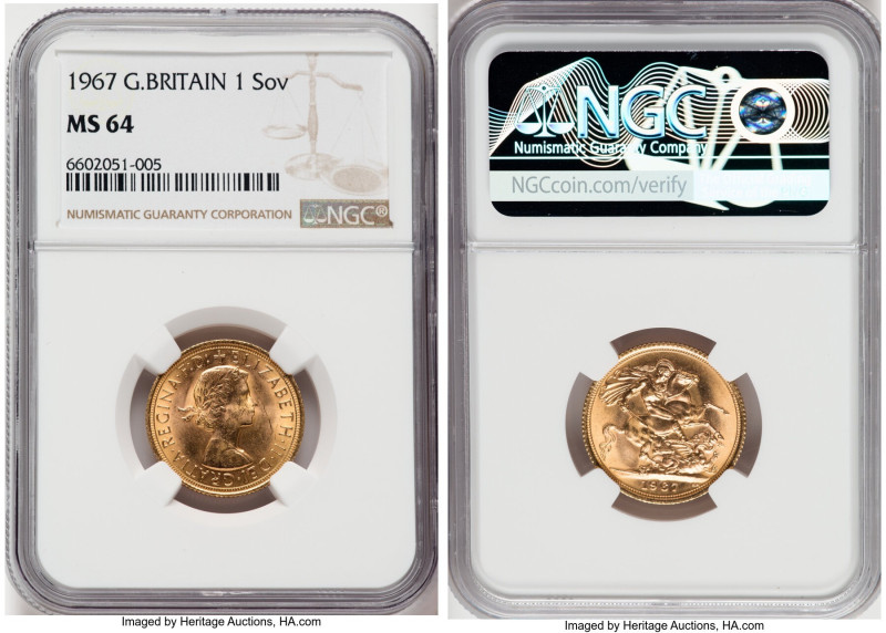 Elizabeth II gold Sovereign 1967 MS64 NGC, KM908, Fr-417. From the Mac and Rob W...