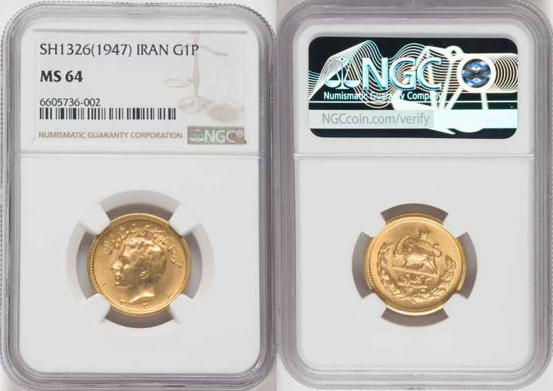 Muhammad Reza Pahlavi gold Pahlavi SH 1326 (1947) MS64 NGC, KM1150, Fr-101. HID0...