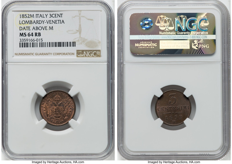 Lombardy-Venetia. Franz Joseph I Pair of Certified Centesimi 1852-M NGC, 1) 3 Ce...